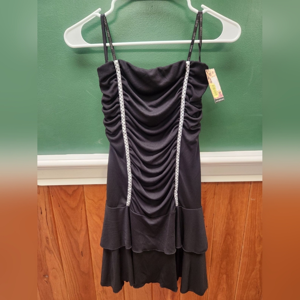 XOXO Strapless Ruched Black Dress Y2K Polka Dot Small Deadstock Fairy grunge